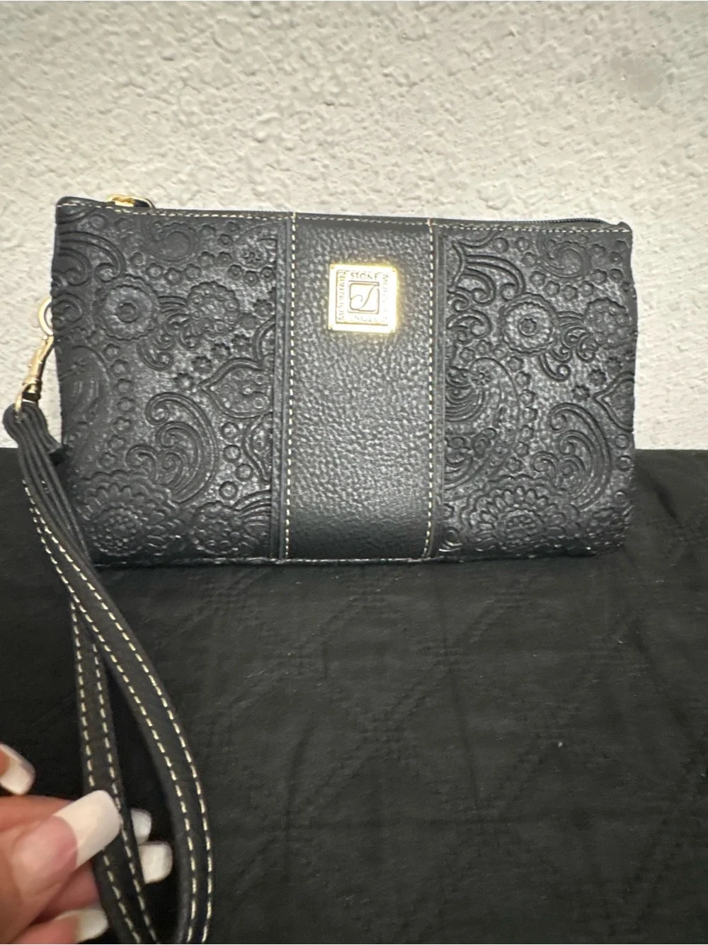 Elegant Black Embossed Wristlet Clutch - Designer Style